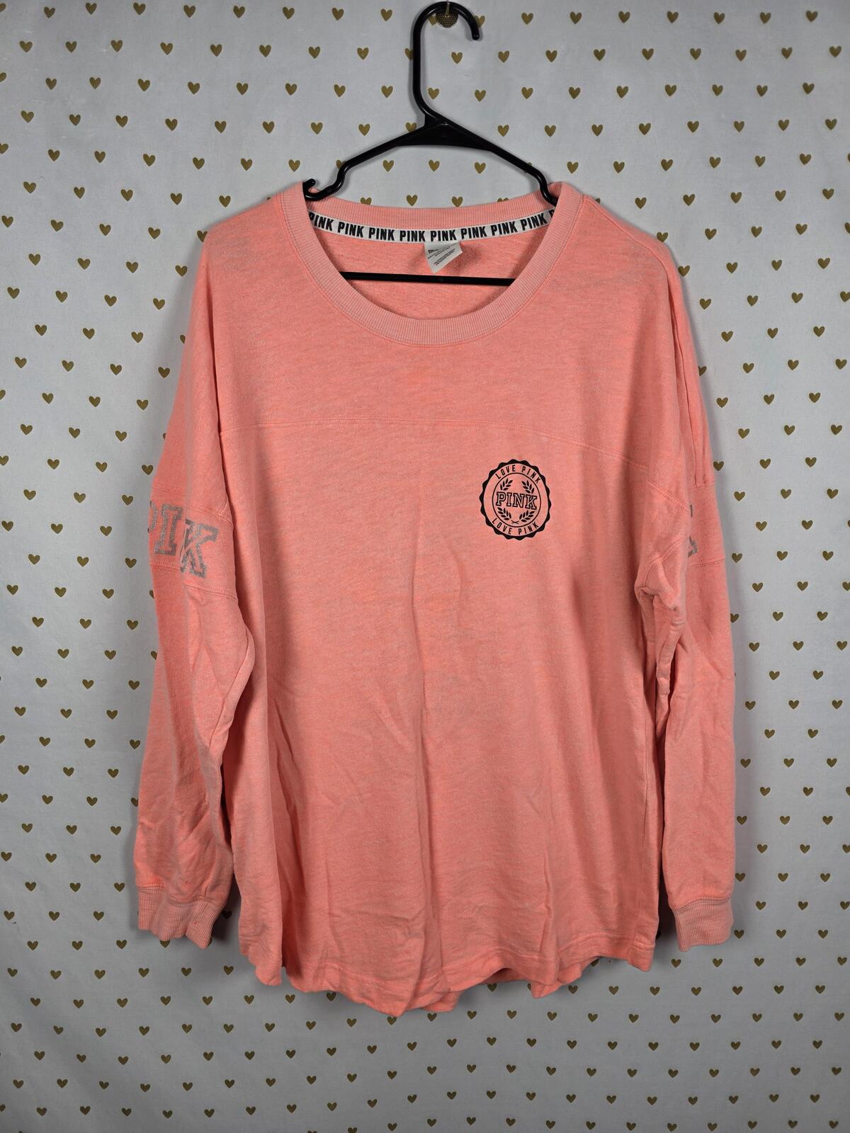 Victorias Secret Pink Orange Sweater Shirt Logo Back Long Sleeve LARGE