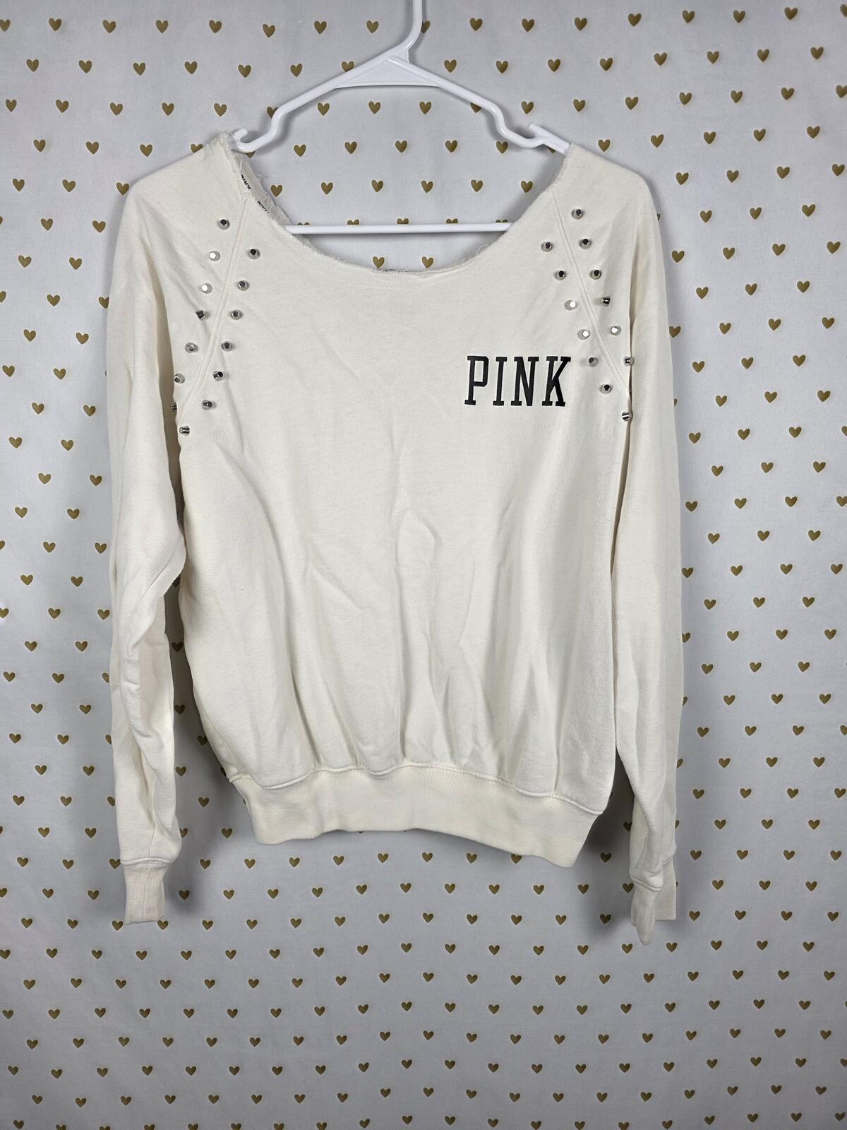 Victorias Secret Pink Studded Slouchy Logo Off shoulder white sweater shirt XS