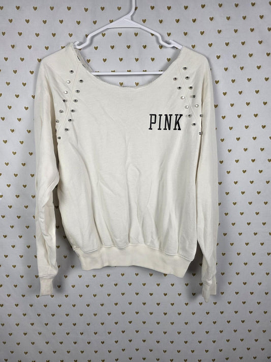 Victorias Secret Pink Studded Slouchy Logo Off shoulder white sweater shirt XS