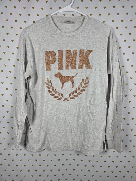 Victorias Secret PINK Long sleeve campus GOLD BLING Glittered crest Logo Tee SM