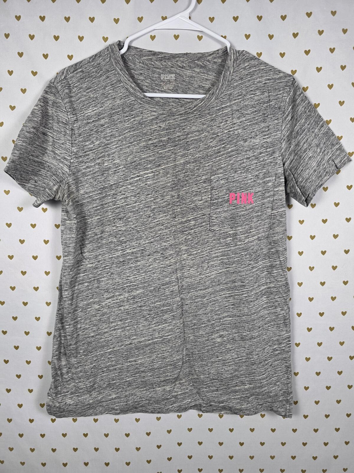 Victorias Secret PINK Grey Neon Logo Tee shirt Pocket  XS