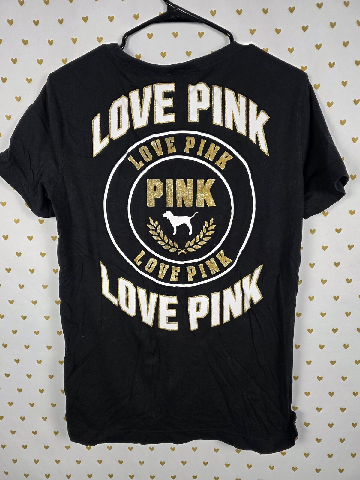 Victorias Secret PINK Lace front Gold Glitter Tee shirt Logo SMALL
