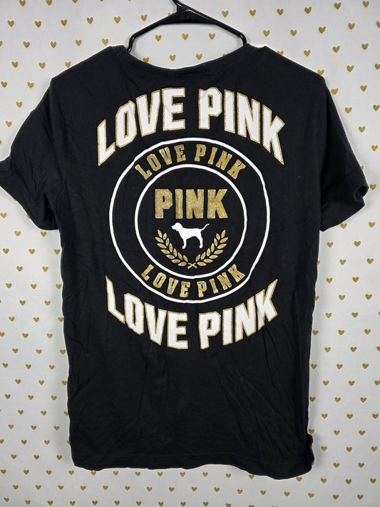 Victorias Secret PINK Lace front Gold Glitter Tee shirt Logo SMALL