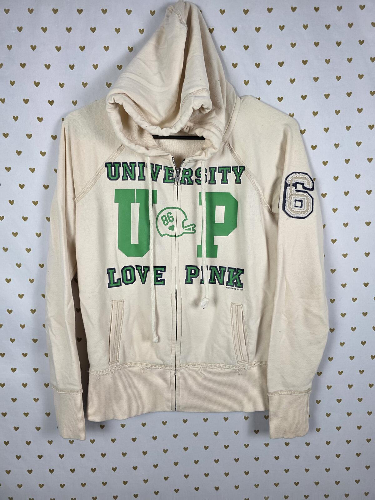 Victorias Secret Pink UNIVERSITY Hooded Fill Zip Sweater Jacket LOVE Y2k SMALL