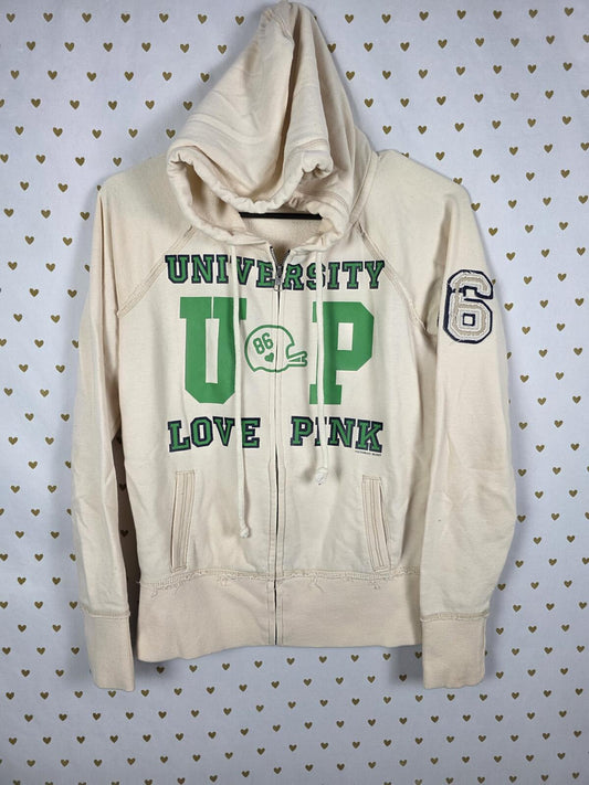 Victorias Secret Pink UNIVERSITY Hooded Fill Zip Sweater Jacket LOVE Y2k SMALL