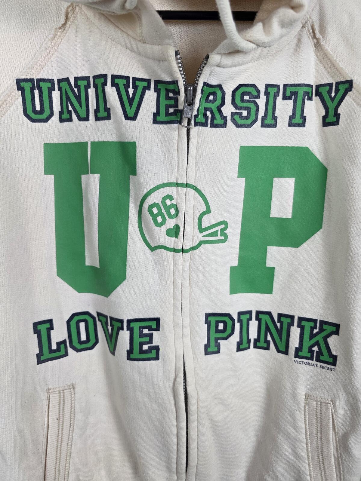 Victorias Secret Pink UNIVERSITY Hooded Fill Zip Sweater Jacket LOVE Y2k SMALL
