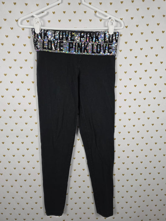 Victorias Secret PINK BLING FASHION SHOW Foldover Yoga Pants XS Sequined Logo