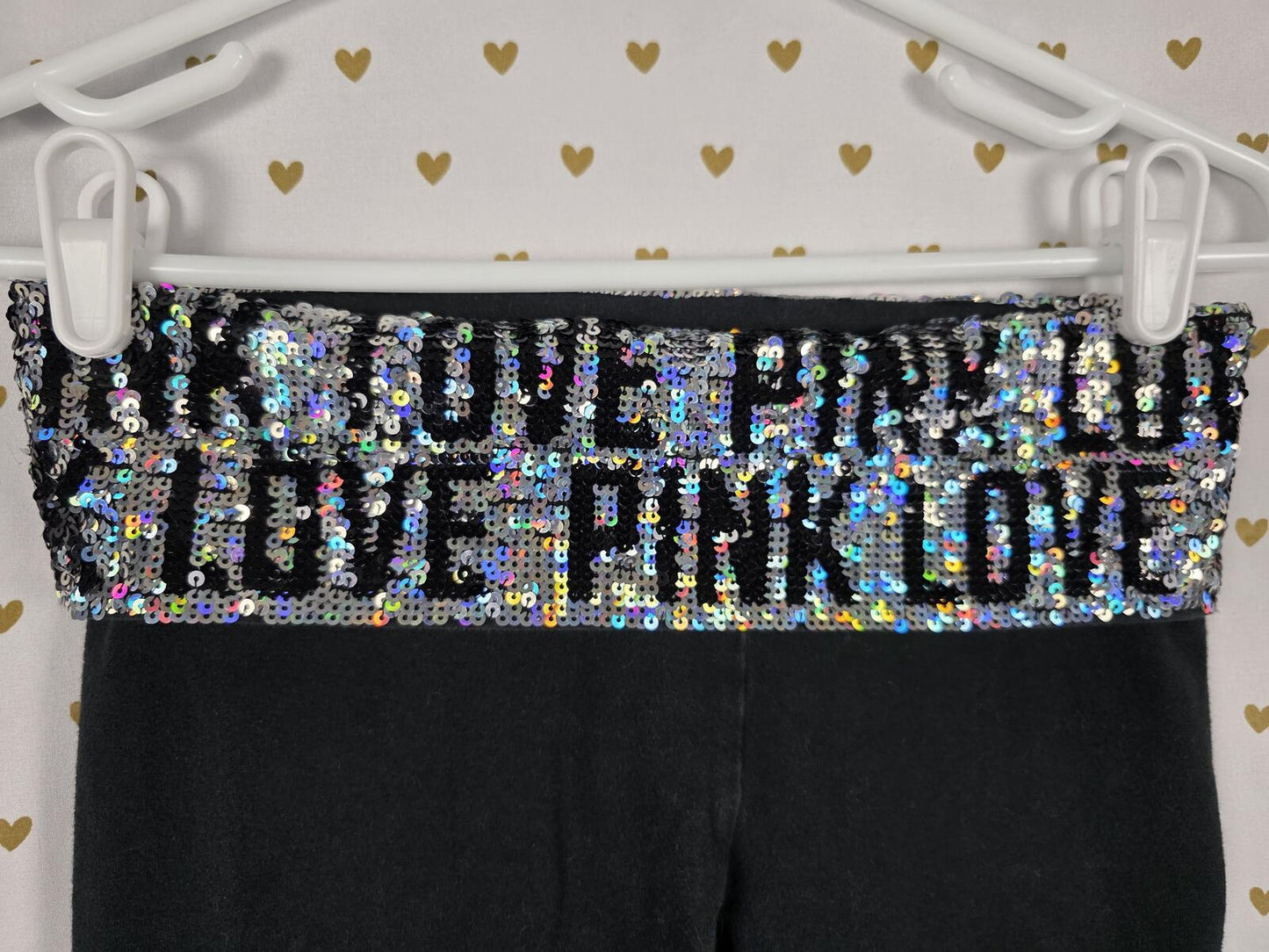 Victorias Secret PINK BLING FASHION SHOW Foldover Yoga Pants XS Sequined Logo
