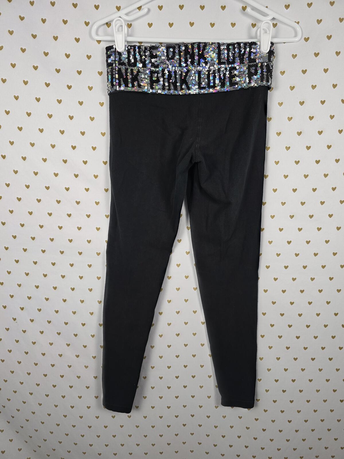 Victorias Secret PINK BLING FASHION SHOW Foldover Yoga Pants XS Sequined Logo