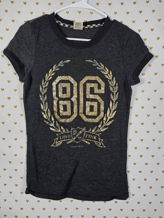 Victorias Secret PINK GLITTER BLING Gold Crest 86 Vintage Y2k Tee shirt MEDIUM