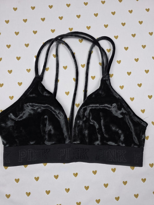 Victorias Secret Pink Black velvet Medium Strappy  Bralette Bra Top Tank