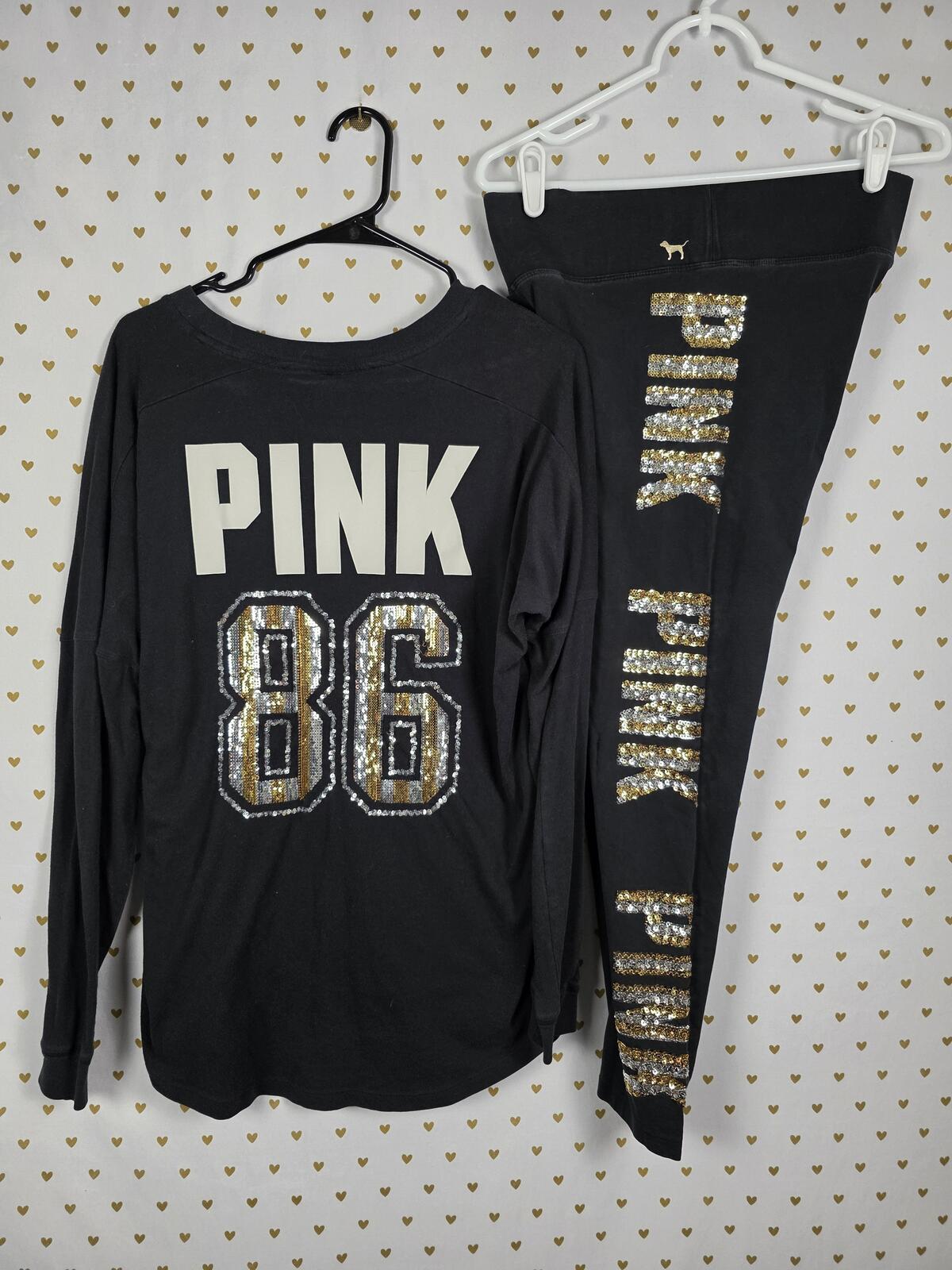 Victorias Secret PINK BLING Tee Shirt Sequined Leggings Yoga SET 2pc OUTFIT Med