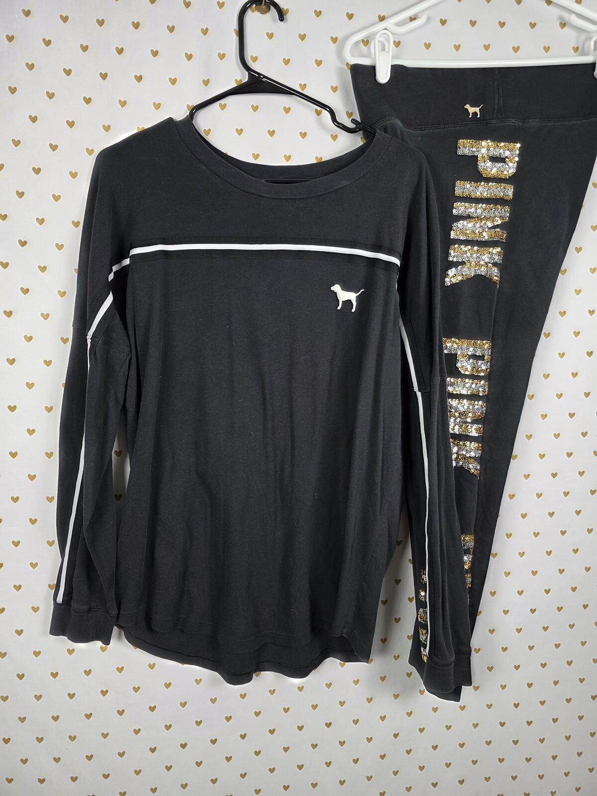 Victorias Secret PINK BLING Tee Shirt Sequined Leggings Yoga SET 2pc OUTFIT Med