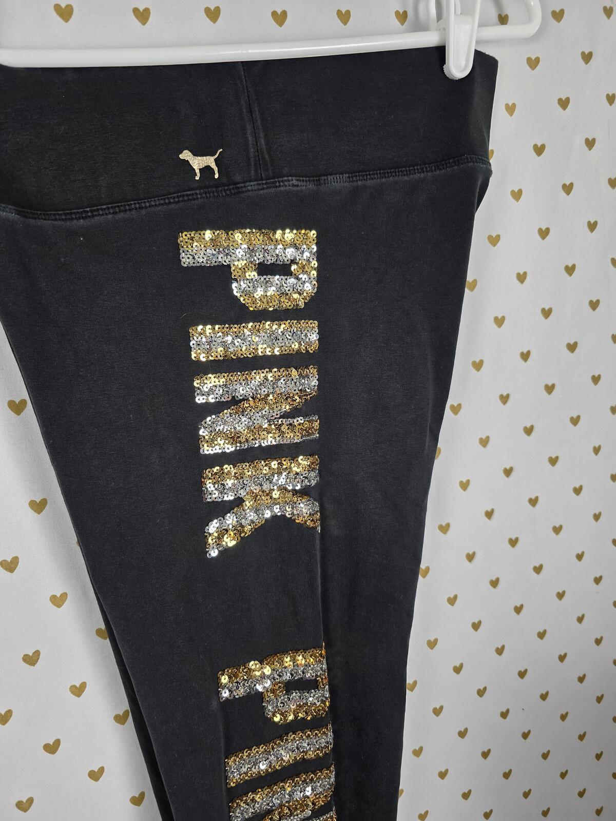 Victorias Secret PINK BLING Tee Shirt Sequined Leggings Yoga SET 2pc OUTFIT Med