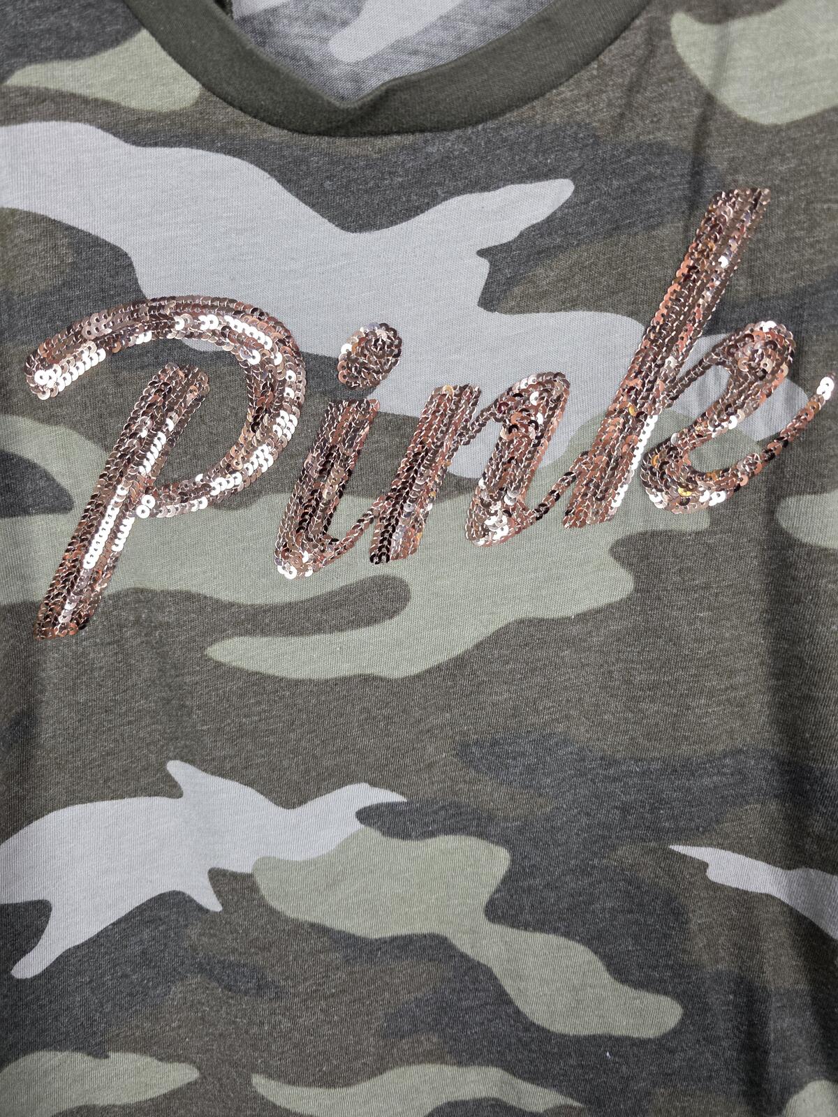 Victorias Secret PINK Camo Camouflage BLING Gold Tank Top Green MEDIUM