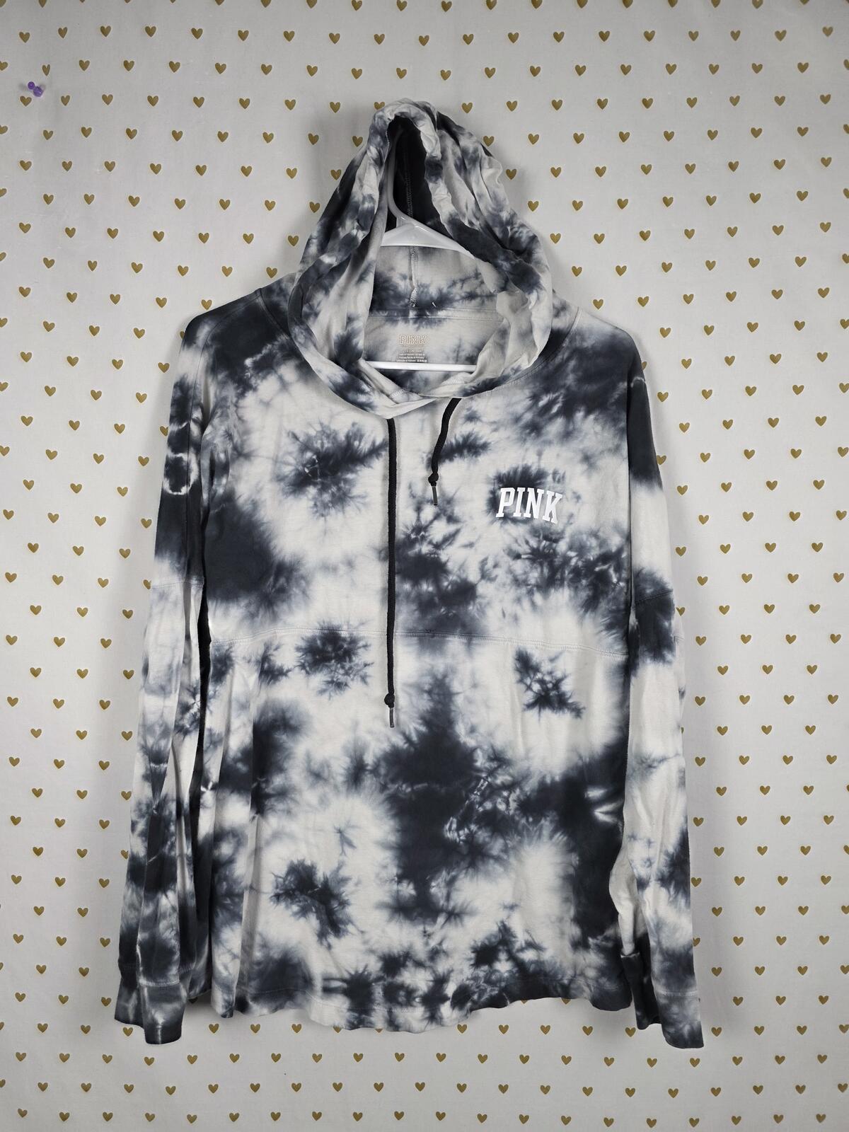 Victorias Secret PINK Tye Dye Hooded Long Sleeve Tee shirt Black Logo LARGE