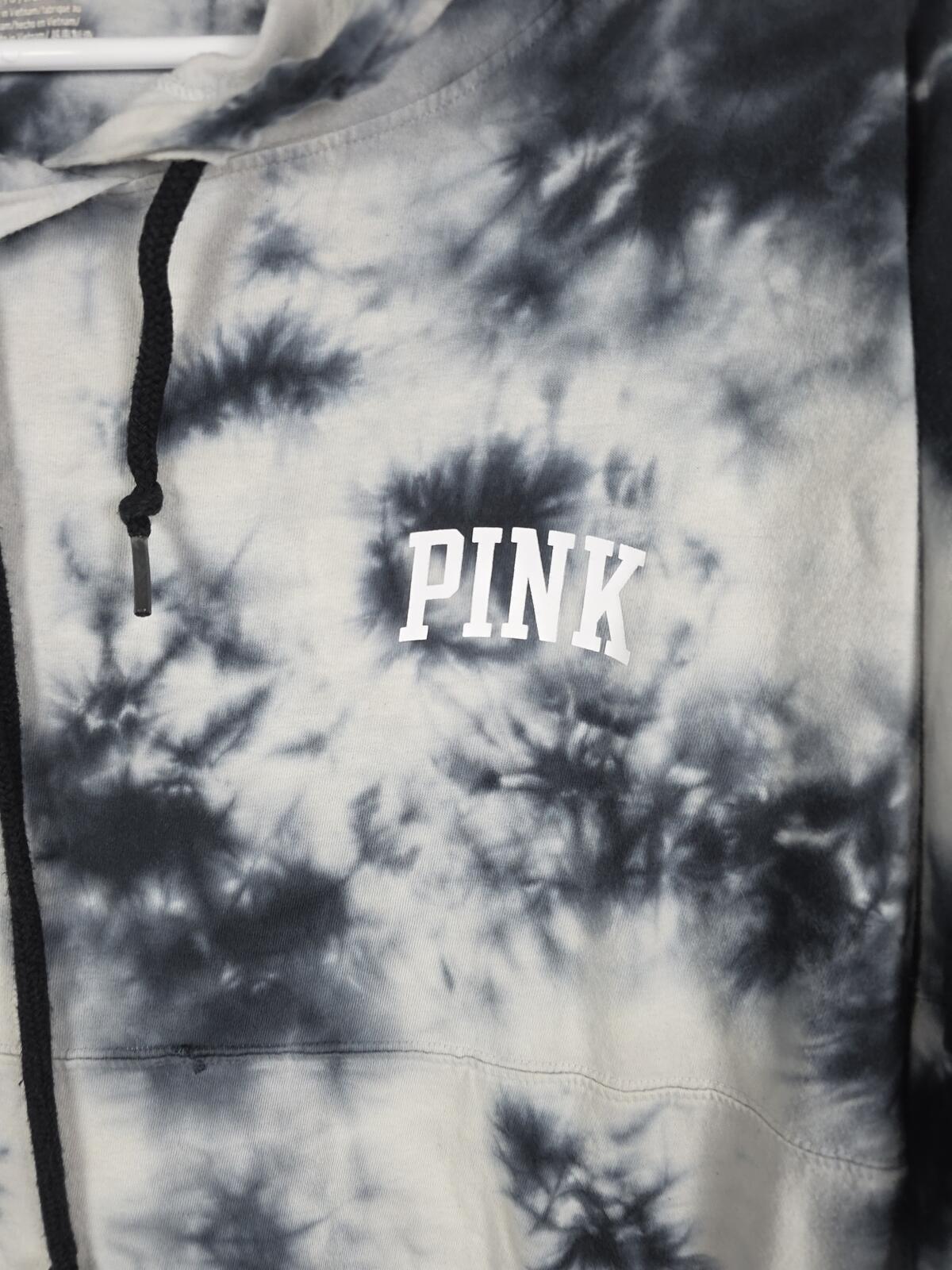 Victorias Secret PINK Tye Dye Hooded Long Sleeve Tee shirt Black Logo LARGE