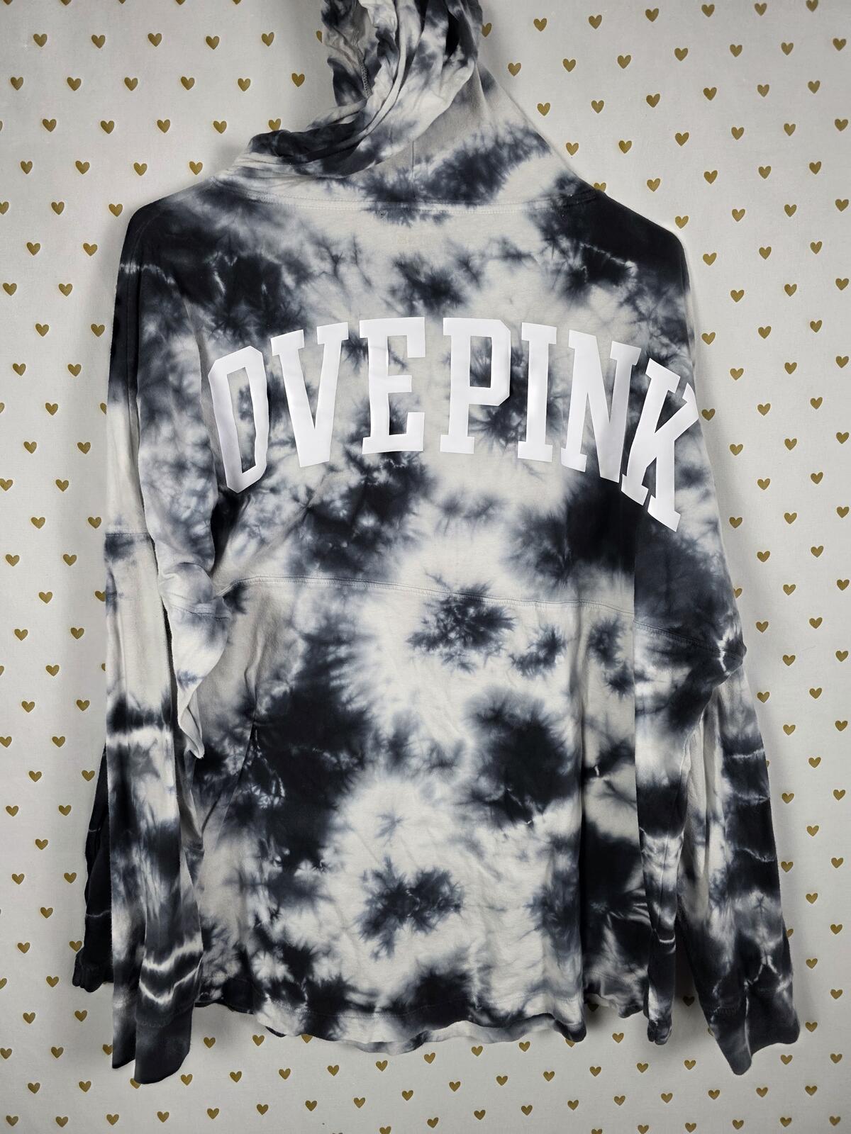 Victorias Secret PINK Tye Dye Hooded Long Sleeve Tee shirt Black Logo LARGE