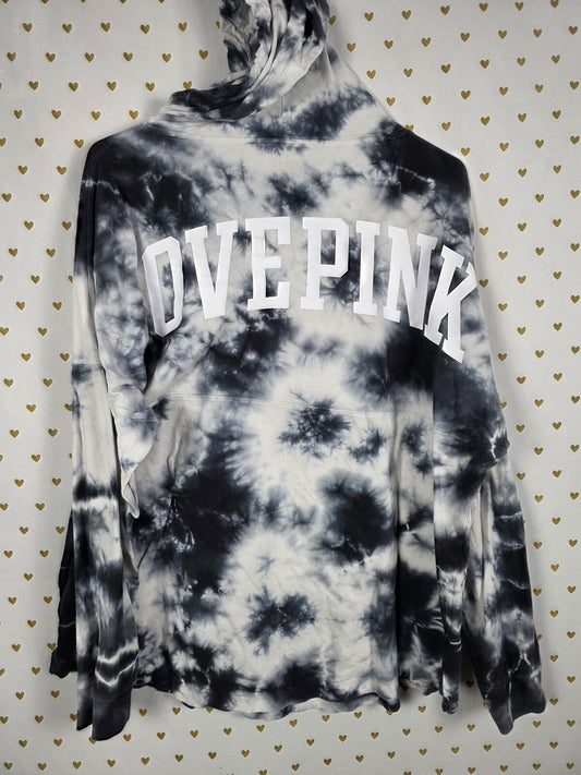 Victorias Secret PINK Tye Dye Hooded Long Sleeve Tee shirt Black Logo LARGE