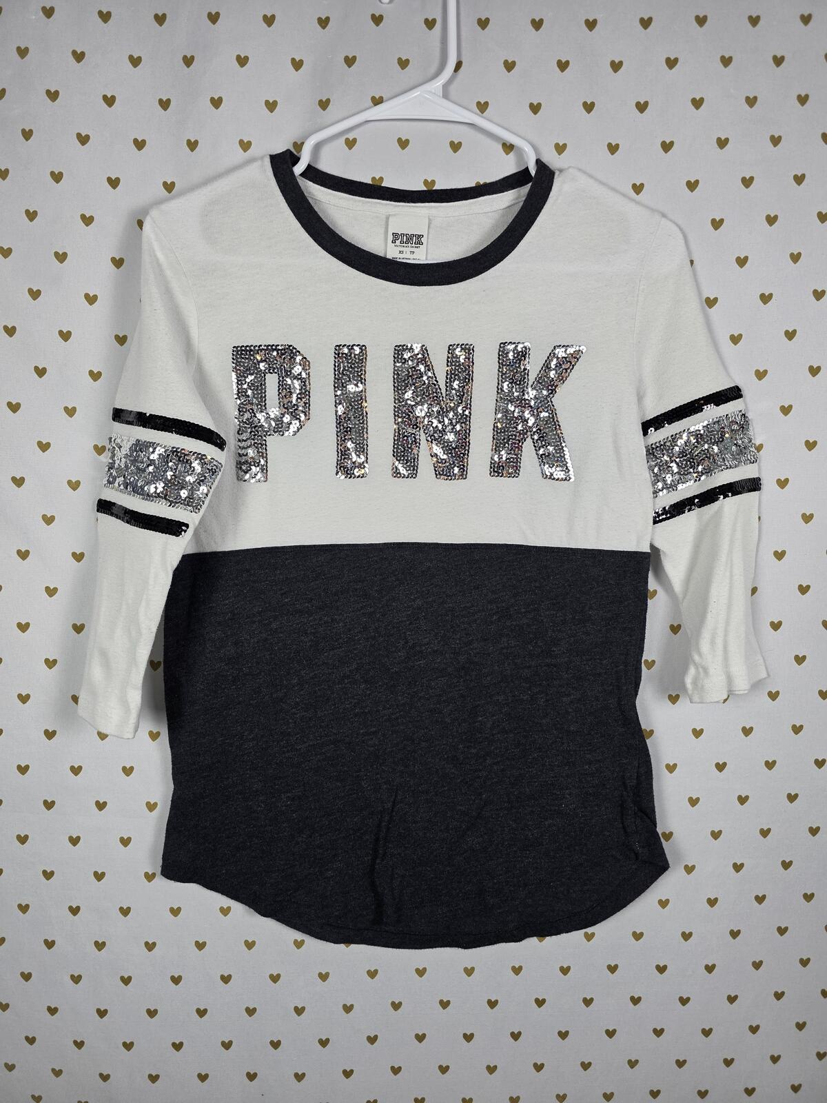 Victorias Secret PINK BLING Logo Colorblock Tee shirt XS Sequined