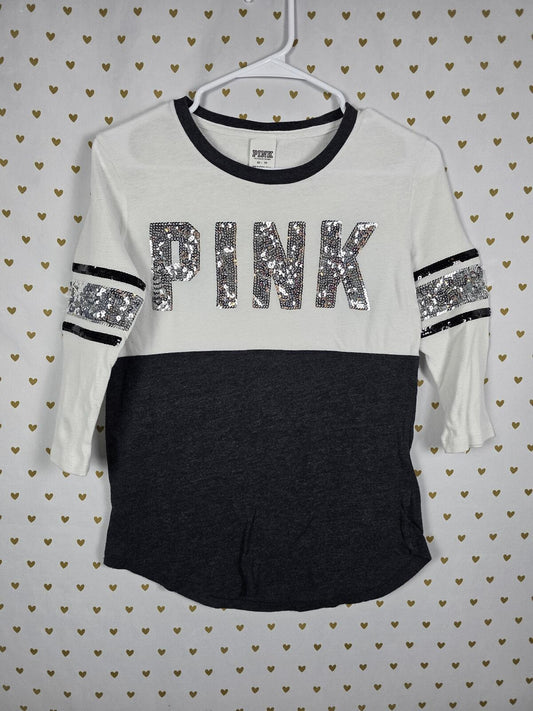 Victorias Secret PINK BLING Logo Colorblock Tee shirt XS Sequined