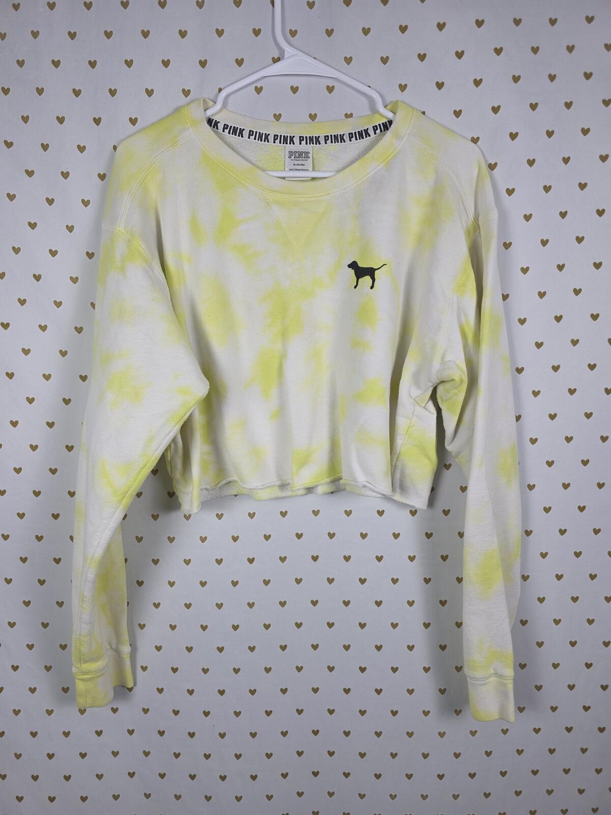 Victorias Secret PINK  Medium Long Sleeve Yellow Tye Dye Cropped Sweater Shirt