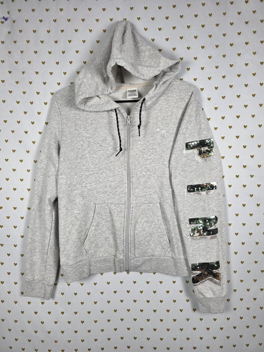 Victorias Secret Pink Full zip CAMO BLING Sequined Hoodie Jacket LARGE