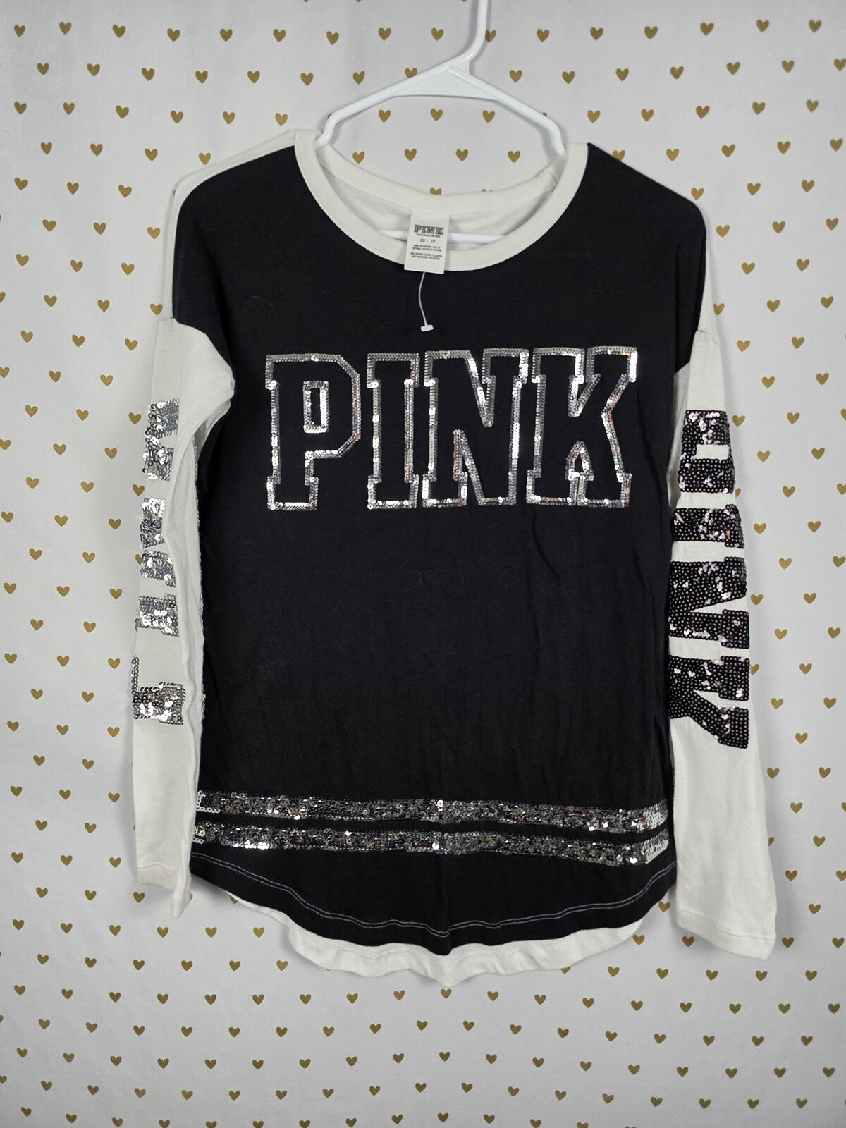 Victorias Secret PINK Long Sleeve BLING logo Tee shirt Stripe Sequined XS