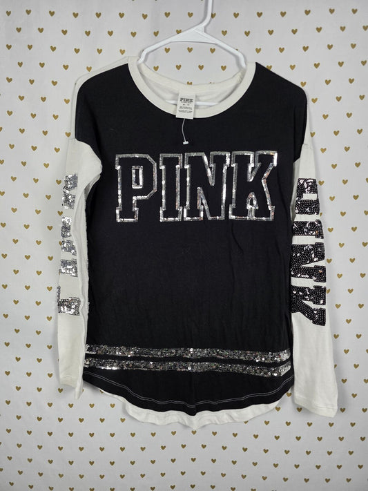 Victorias Secret PINK Long Sleeve BLING logo Tee shirt Stripe Sequined XS