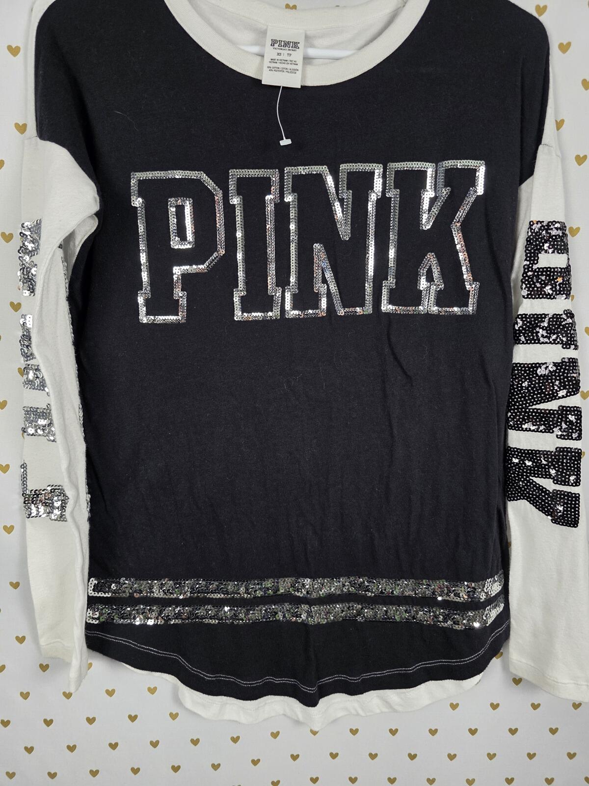 Victorias Secret PINK Long Sleeve BLING logo Tee shirt Stripe Sequined XS