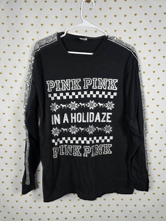 Victorias Secret PINK BLING HTF In a HOLIDAZE Sequined Long Sleeve Tee Shirt L