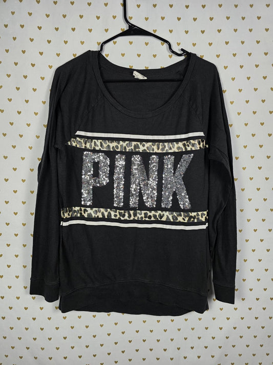 Victorias Secret PINK BLING Leopard Cheetah Logo Sequined Long Sleeve Tee shirt
