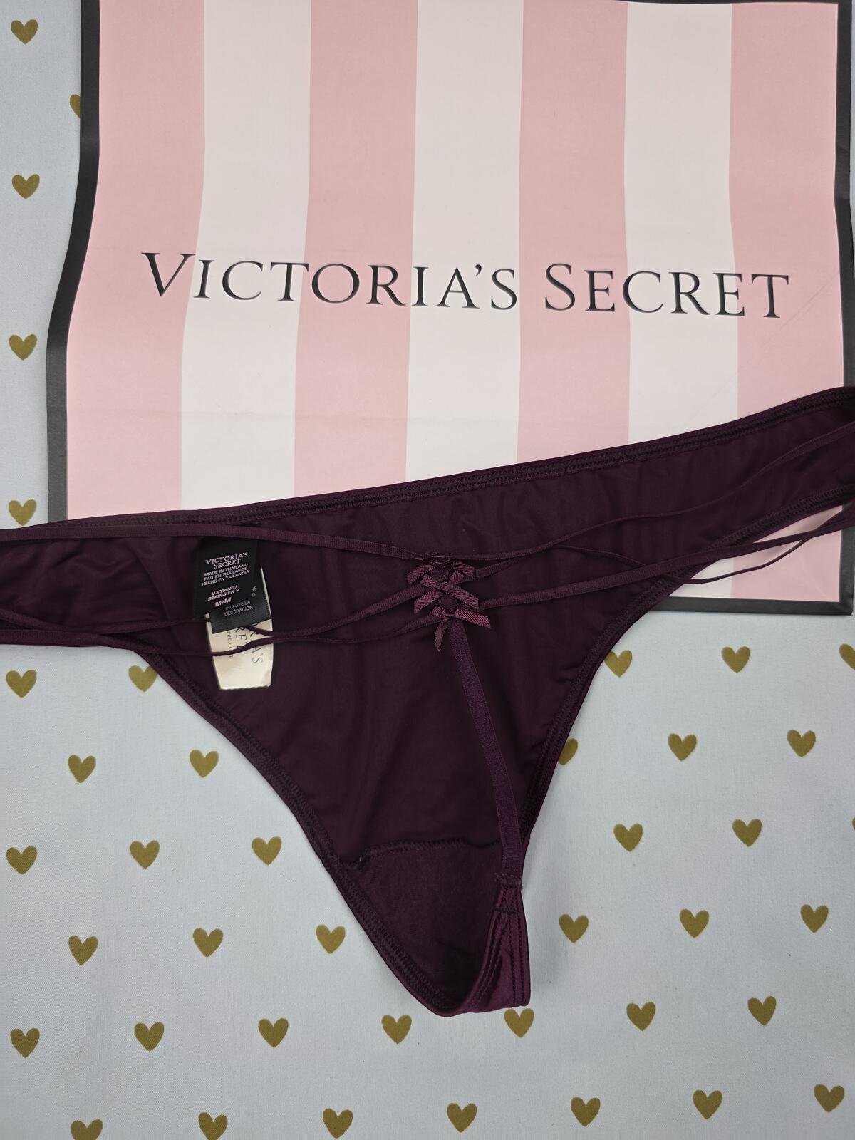 Victorias Secret Bow Strappy NEW NWT Medium V string Thong Maroon