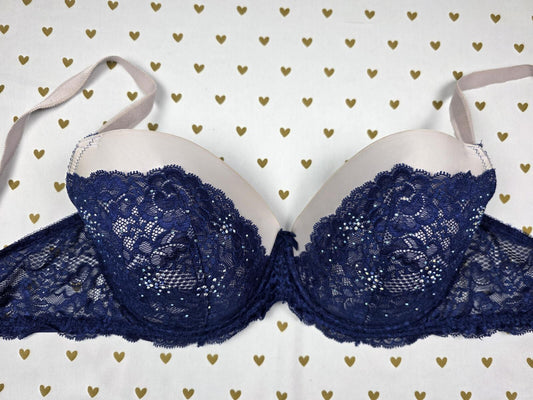 Victorias Secret BLING Blue Studded Lined Demi Balconette Bra 36DDD