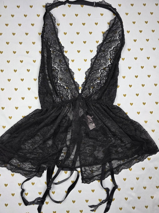 Victorias Secret Sexy Black Lace Halter Nightie Lingerie Garter Skirt SMALL