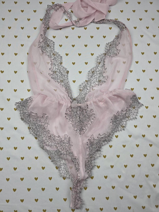 Victorias Secret Sexy Sheer Nightie Teddy Bodysuit Tie Halter Lacey Ruffle SMALL