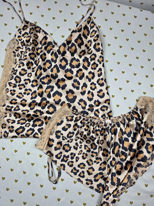 Victorias Secret Satin 2pc Pajama SET outfit Tank Shorts Cheetah Leopard SMALL