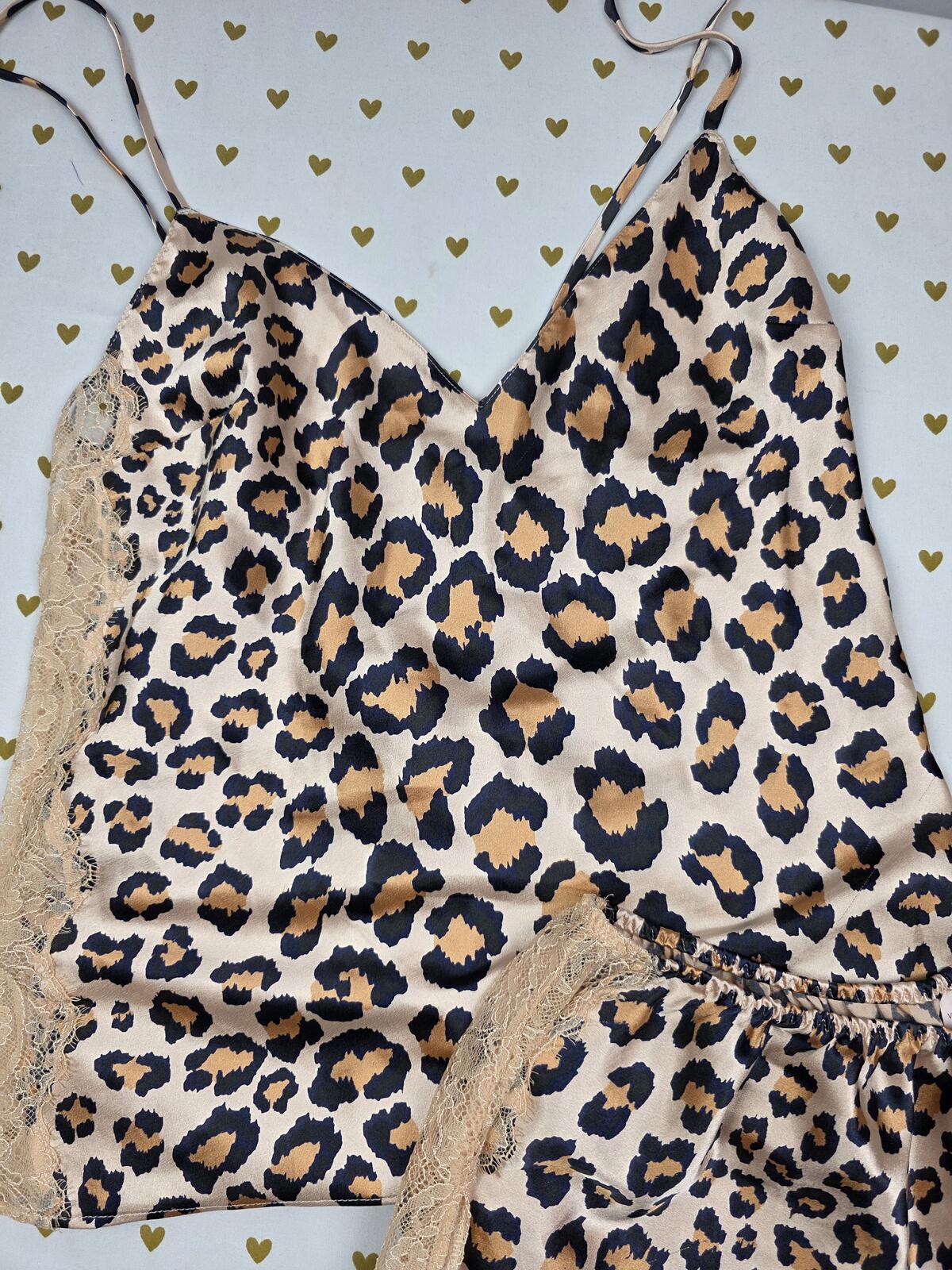 Victorias Secret Satin 2pc Pajama SET outfit Tank Shorts Cheetah Leopard SMALL
