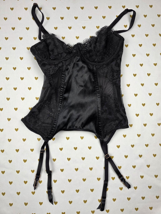 Victorias Secret Black Satin 32B Corset Top Lingerie Garter Straps Underwire