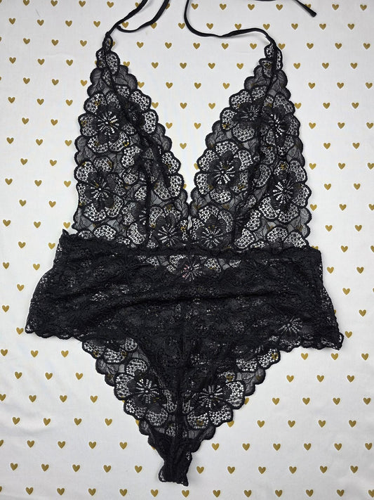 Victorias Secret Sexy Lace Tie Halter Bodysuit Teddy Sheer Black V String Thong