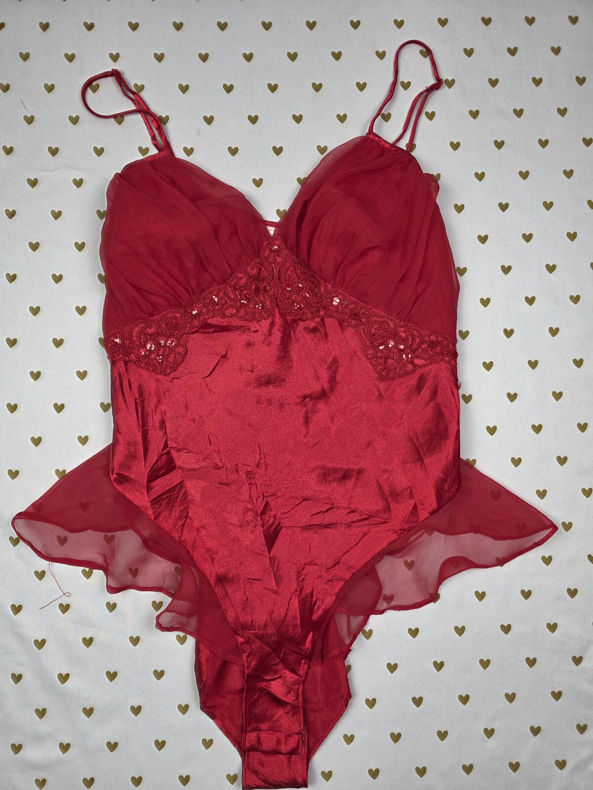 Victorias Secret Vintage GOLD LABEL Red Satin Bling TEDDY Bodysuit Small Ruffled