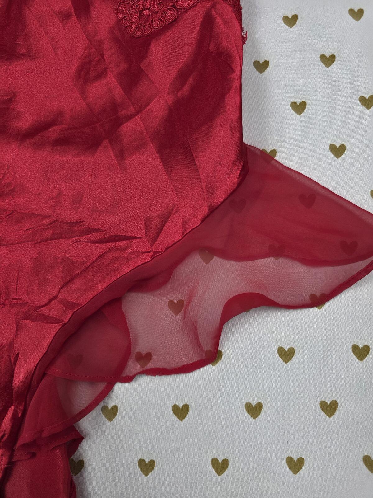 Victorias Secret Vintage GOLD LABEL Red Satin Bling TEDDY Bodysuit Small Ruffled