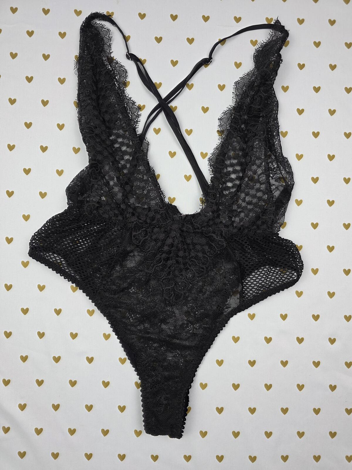 Victorias Secret Black Sheer Medium Strappy Teddy Bodysuit Lingerie Nightie