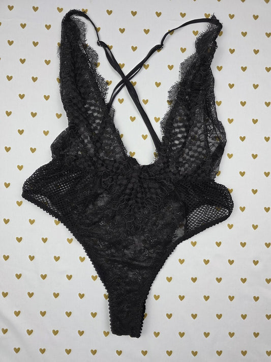Victorias Secret Black Sheer Medium Strappy Teddy Bodysuit Lingerie Nightie