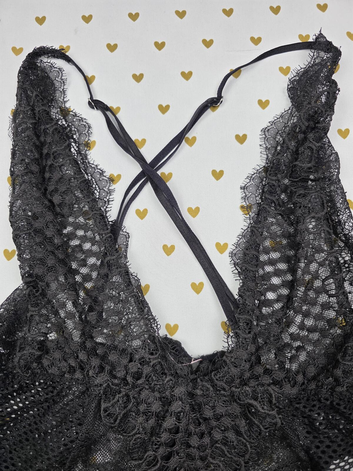Victorias Secret Black Sheer Medium Strappy Teddy Bodysuit Lingerie Nightie