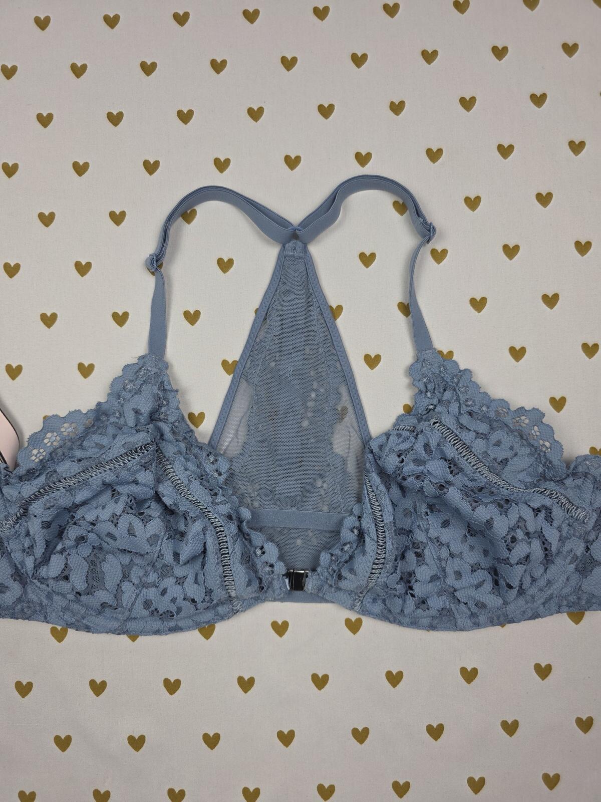 Victorias Secret Blue Lace Racerback Front Close Bra Unlined Plunge 38C