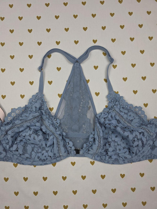 Victorias Secret Blue Lace Racerback Front Close Bra Unlined Plunge 38C