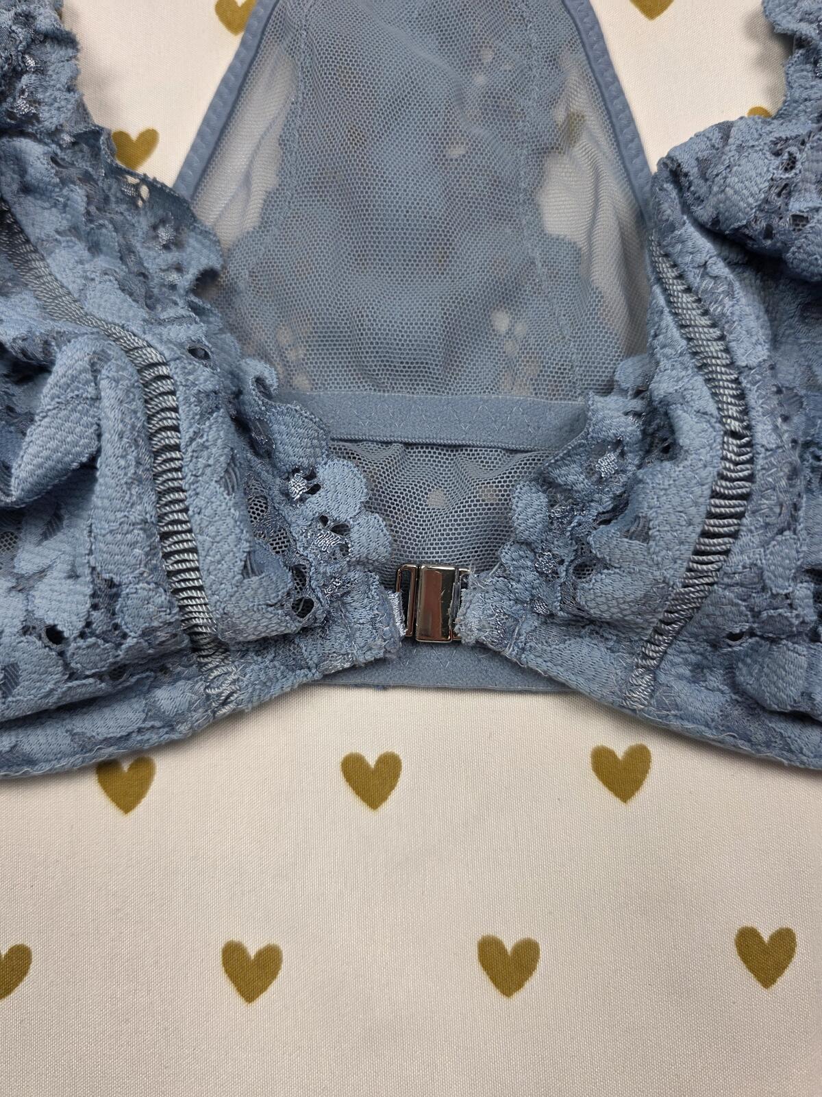 Victorias Secret Blue Lace Racerback Front Close Bra Unlined Plunge 38C