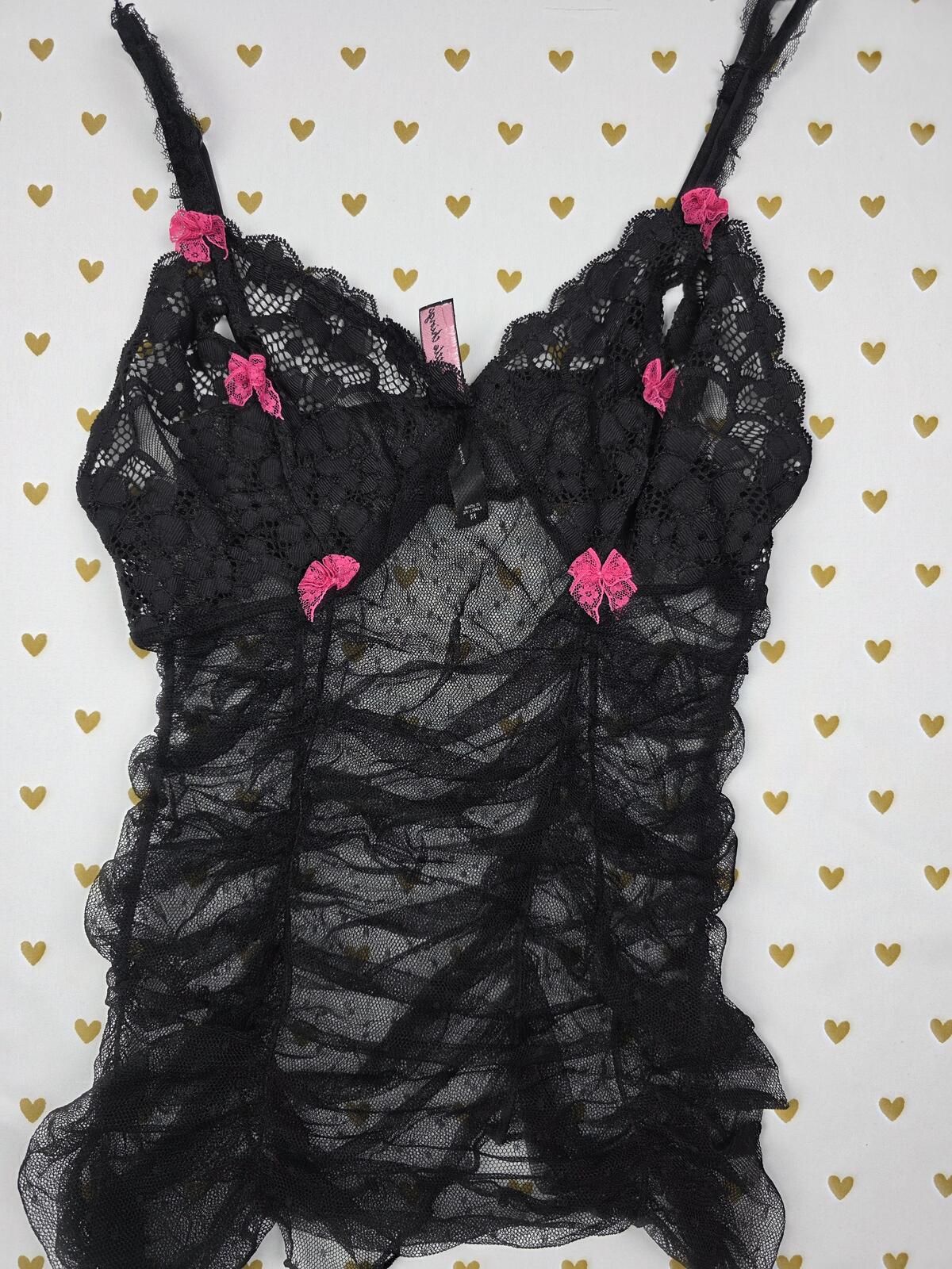 Sexy Little Things Mesh Sheer Babydoll Tank Top Sexy Bows Ruched MEDIUM
