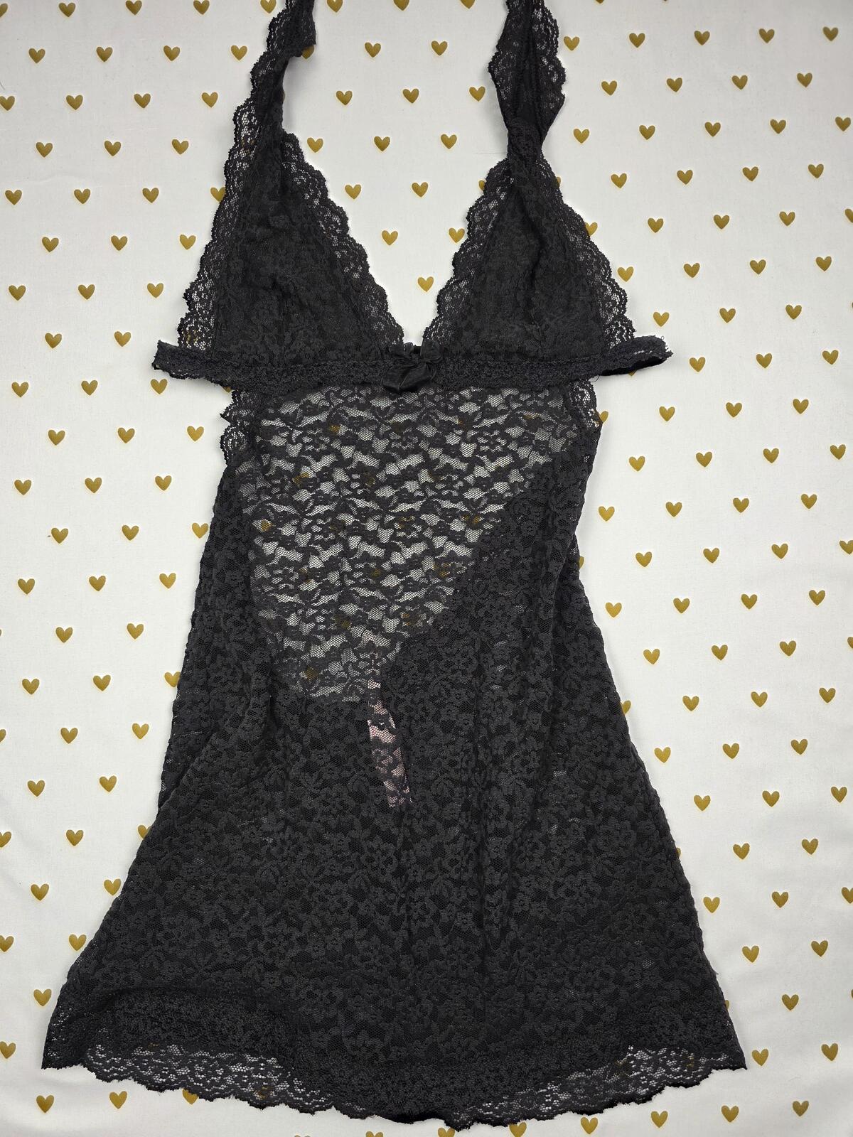 Victorias Secret Black Lace Stretchy Small Halter Dress Nightie Lingerie Slip